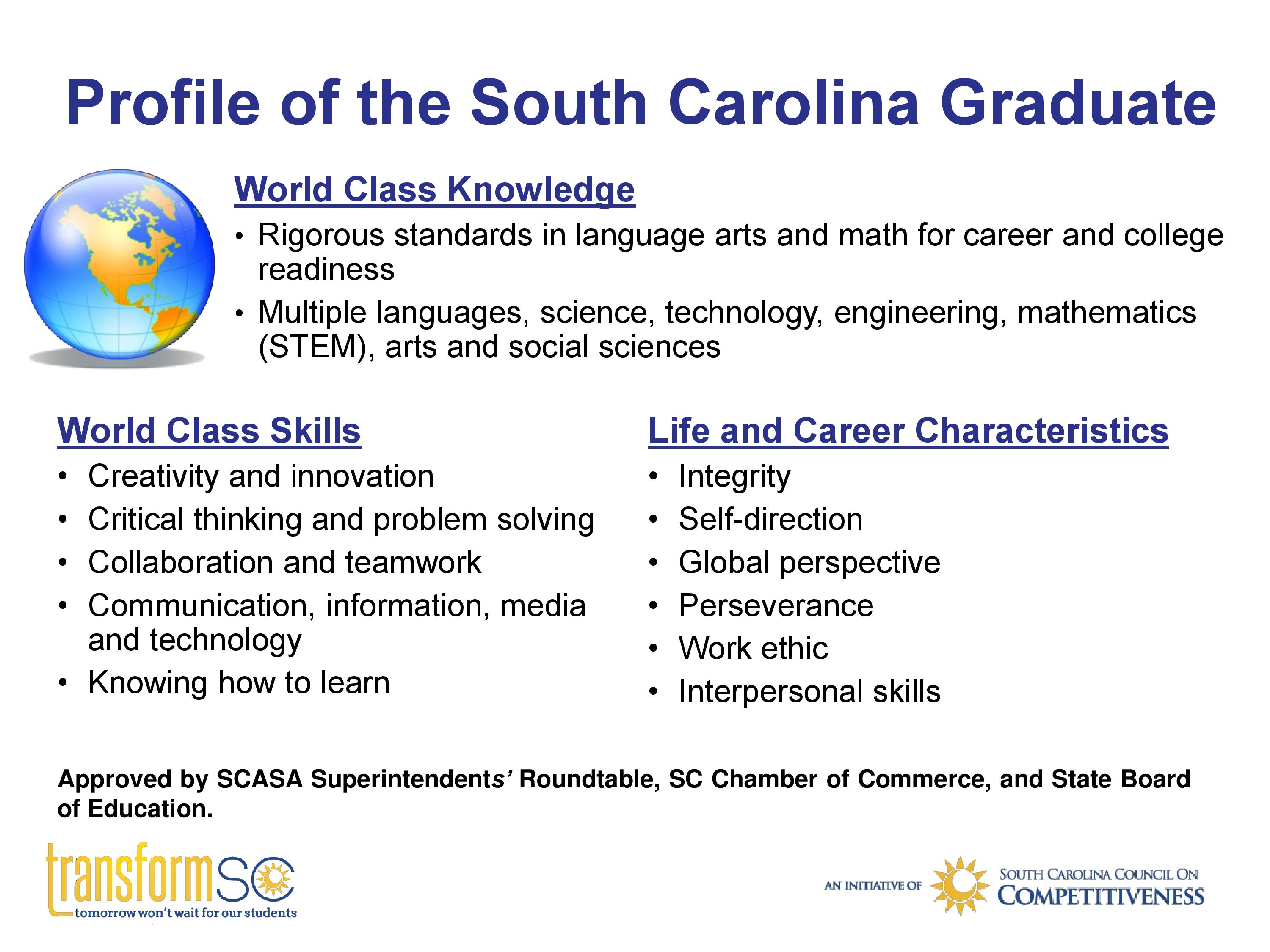 Profile of the South Carolina Graduate: Wold Class Knowledge, World Class Skills, Life and Career Characteristics